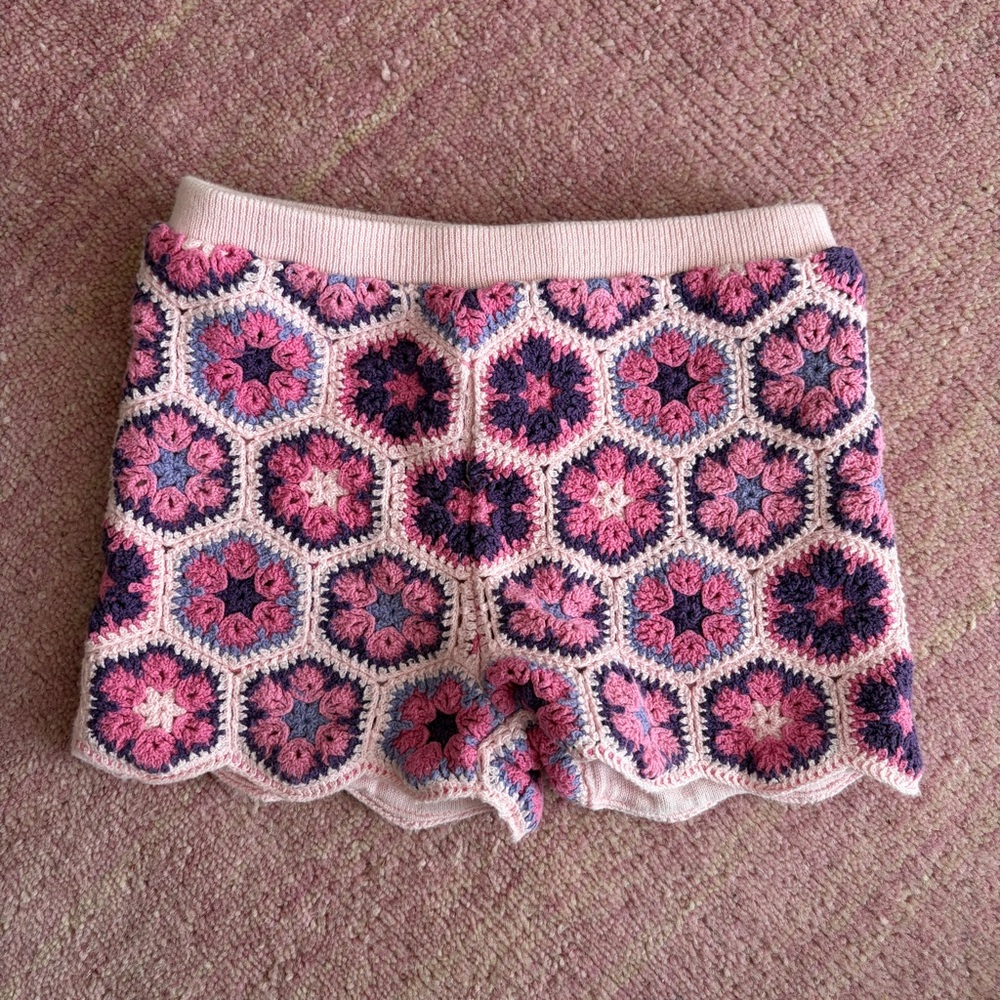Andy & Evan Floral Crocheted Hexagon Floral Shorts - Pink & Purple